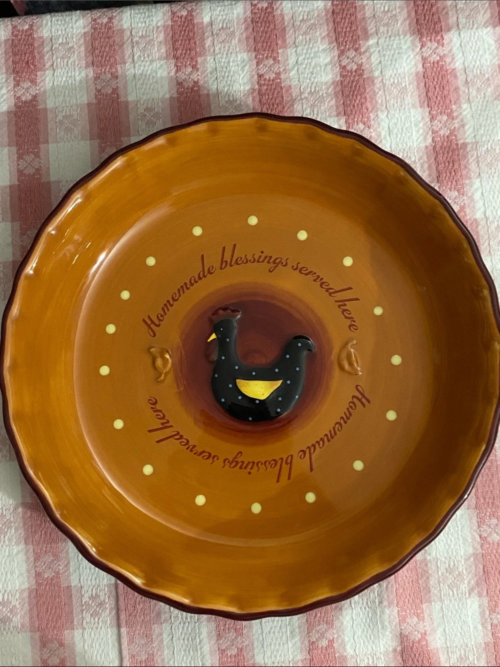 Bonnie Lynn Rustic Orange Ceramic Pie Plate Dish Hen Motif Country Farmhouse